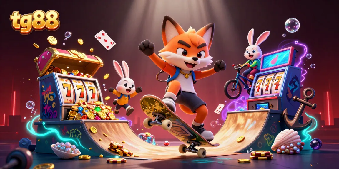 Experience tg88 with an energetic scene featuring a fox and rabbit in a casino-themed environment.