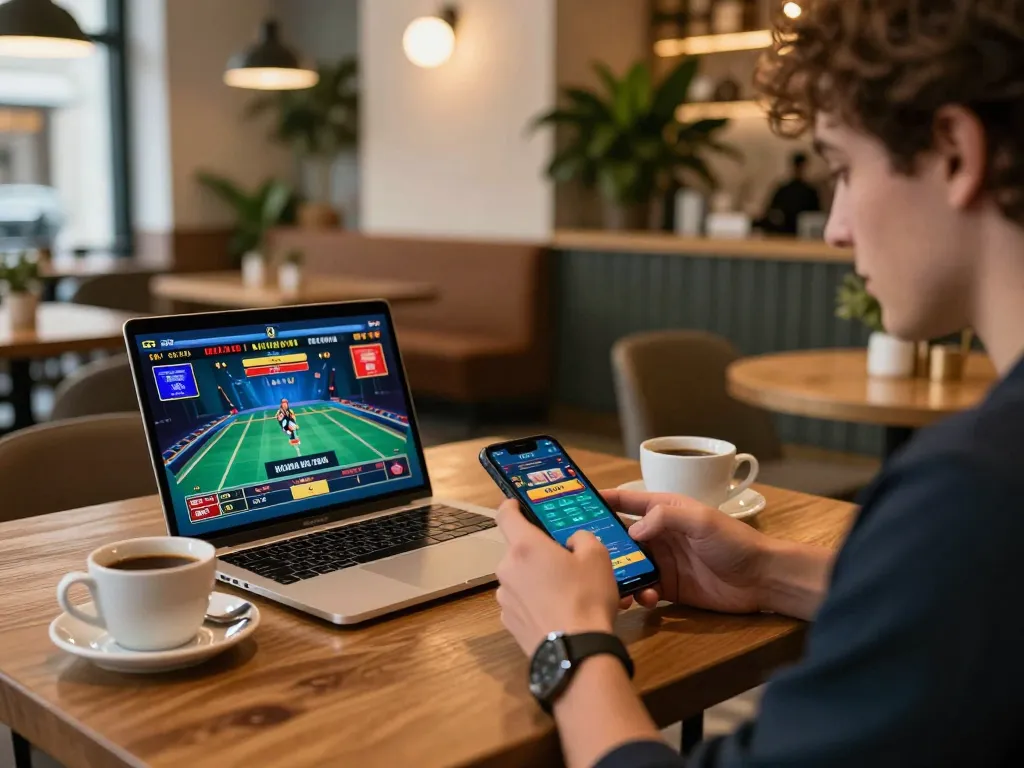 Player engaging in mobile betting on MM88 TODAY at stylish cafe, blending leisure with strategic gameplay.