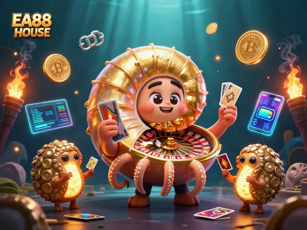 Engage with the thrilling world of EA88 HOUSE featuring a vibrant 3D illustration of a giant nautilus roulette wheel.