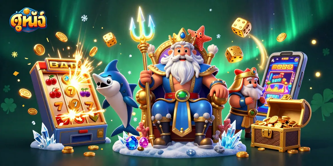 Engage in ดูหนัง with Neptune and his treasure in a vibrant casino-themed scene.