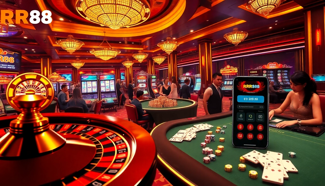 RR88 casino experience with players enjoying table games, luxurious settings, and vibrant slot machines.