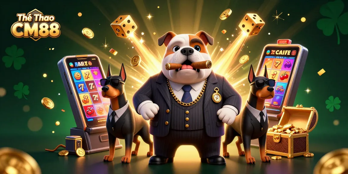 Thể Thao CM88 showcases an exciting casino scene with a bulldog mafia boss and dynamic gaming elements.