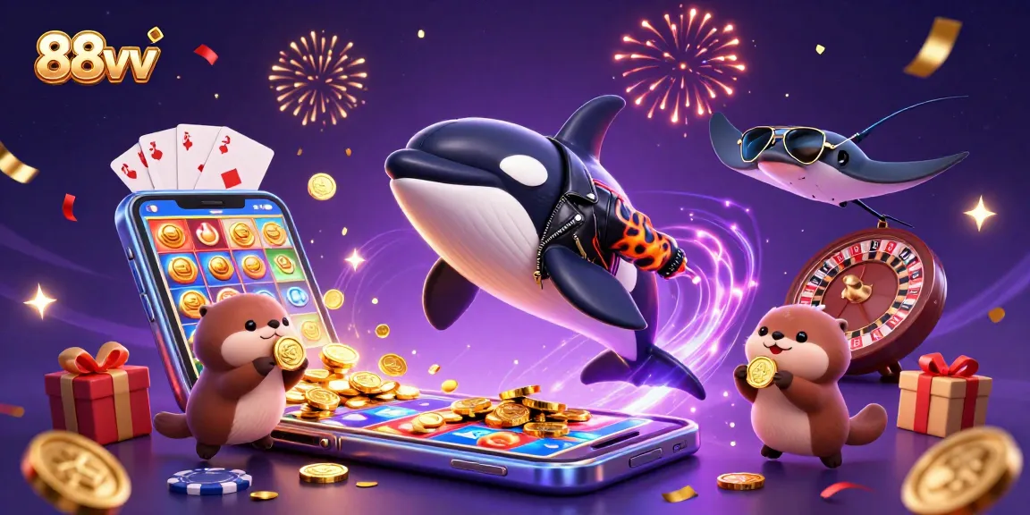 Experience the thrill of winning at 88vv as the orca whale leaps with excitement amidst an explosive casino scene.