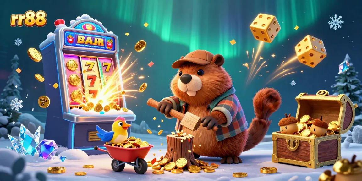 rr88 casino's exciting scene features a cartoon beaver collecting golden coins amidst slot machines and treasures.