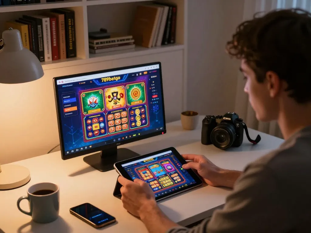 Person using 789betgo tablet for online gaming in cozy home setup