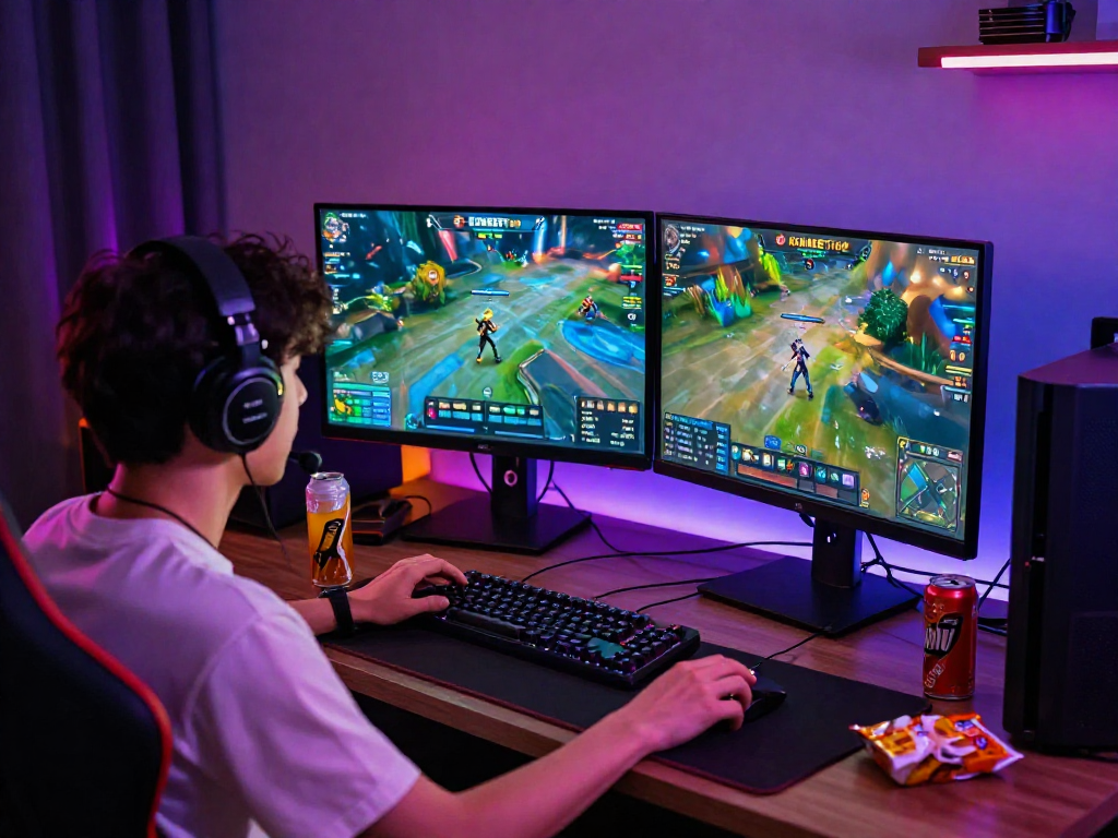 Player immersed in KOMBET168 gaming experience, vibrant setup with dual monitors and LED lighting.