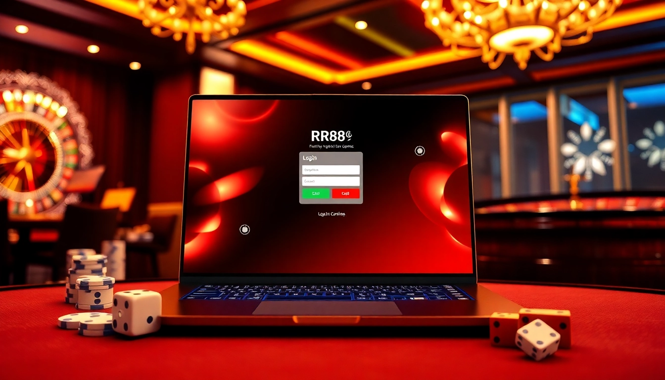 Engaging with ĐĂNG NHẬP RR88 on a sleek laptop surrounded by vibrant casino elements.
