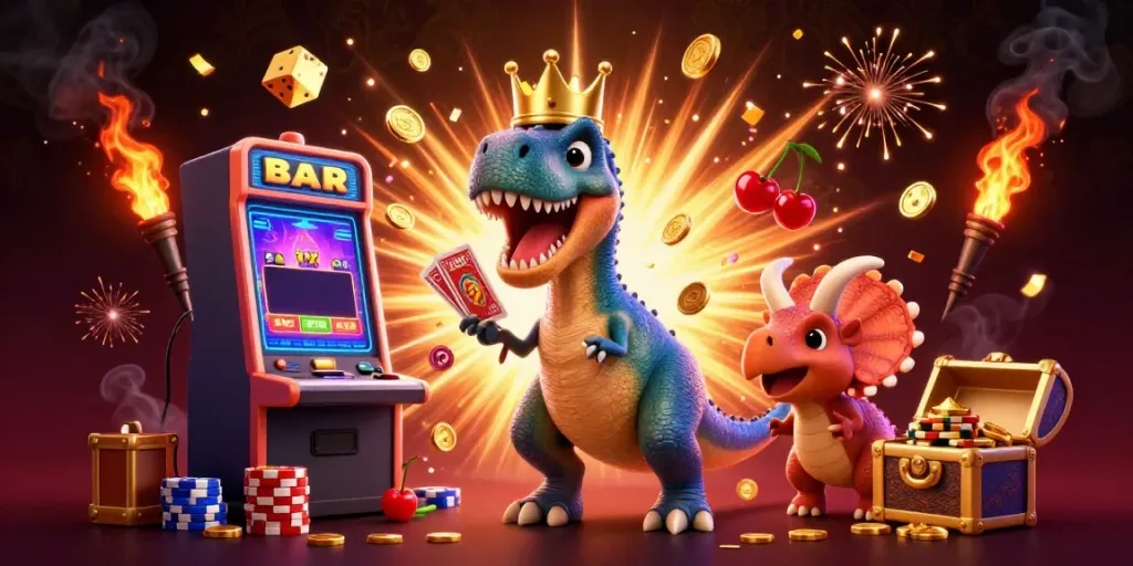 Deposit and win at Nhà cái 789F with T-Rex playing cards and triceratops stacking chips.