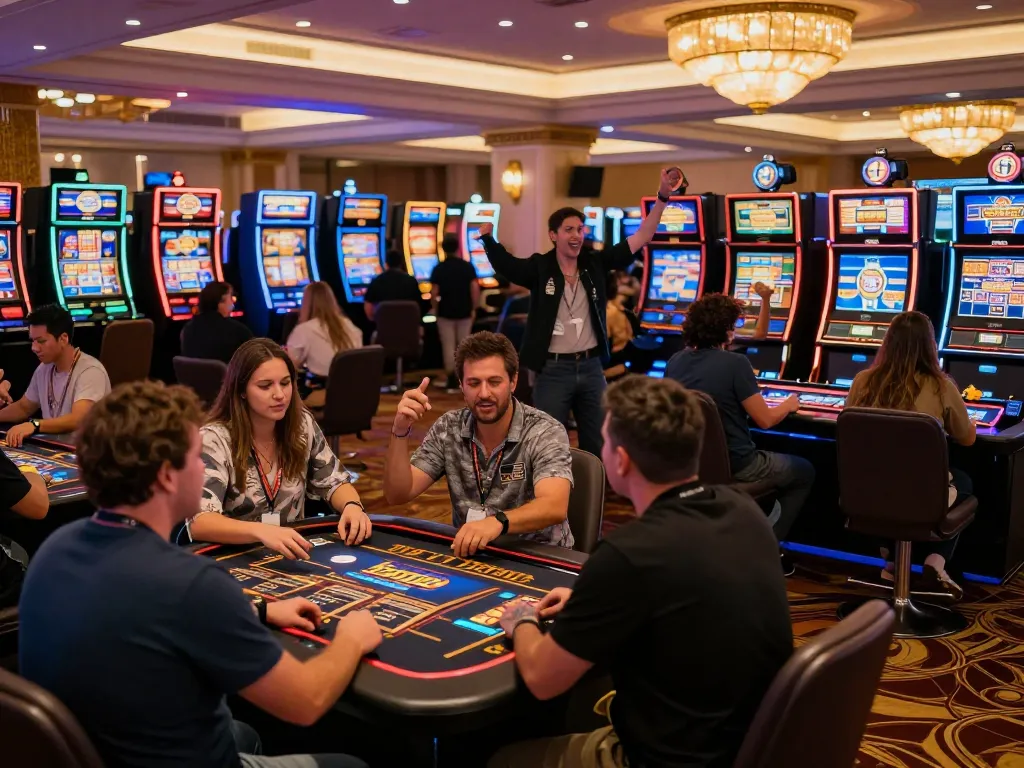 Players enjoying games at the hit club casino floor, surrounded by vibrant slot machines and excitement.