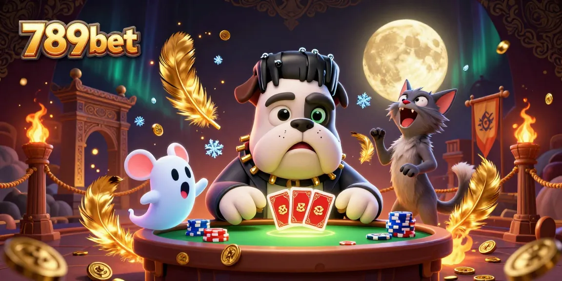 Play with 789bet's thrilling casino scene featuring a Frankenstein bulldog dealer amidst a spooky gambling atmosphere.
