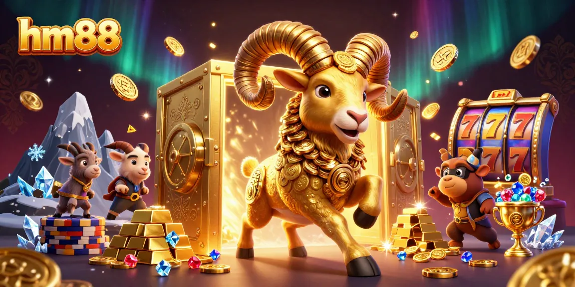 Action-packed illustration of hm88, featuring a golden ram amidst dazzling casino treasures and winning slot elements.