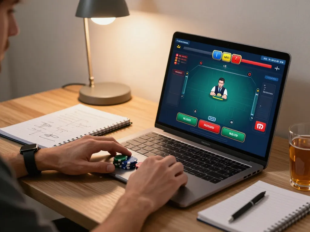 Player engaging in online poker strategy at home with lv88seo digital interface visible.