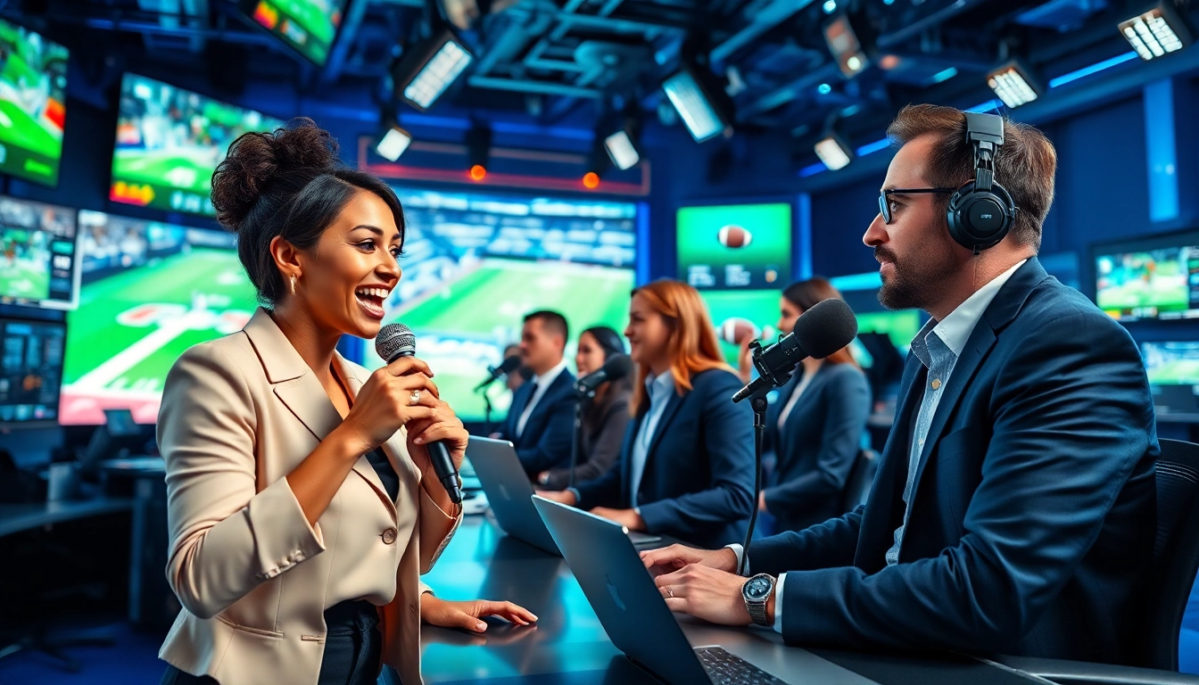 Engaging sports broadcasting scene showing diverse professionals analyzing live sports.