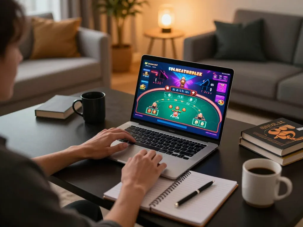 Engaging with SHBET online casino through a laptop at home, showcasing a stylish gaming environment