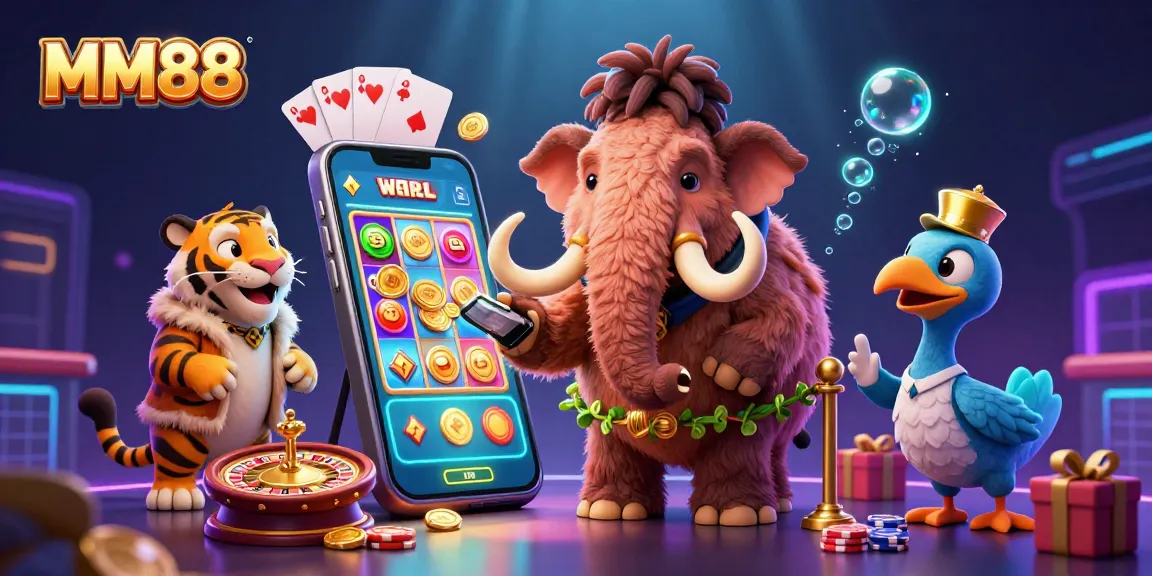 MM88 casino welcomes players with a vibrant scene featuring a mammoth bouncer and stylish VIP guests.