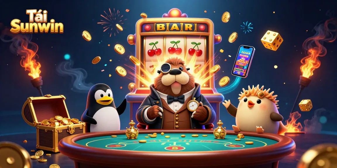 Tải Sunwin showcasing a jolly walrus and poker action at an underwater casino.