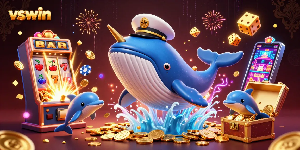Engage with a vibrant vswin 3D gambling scene featuring a whale, narwhal, and dolphins in casino excitement.