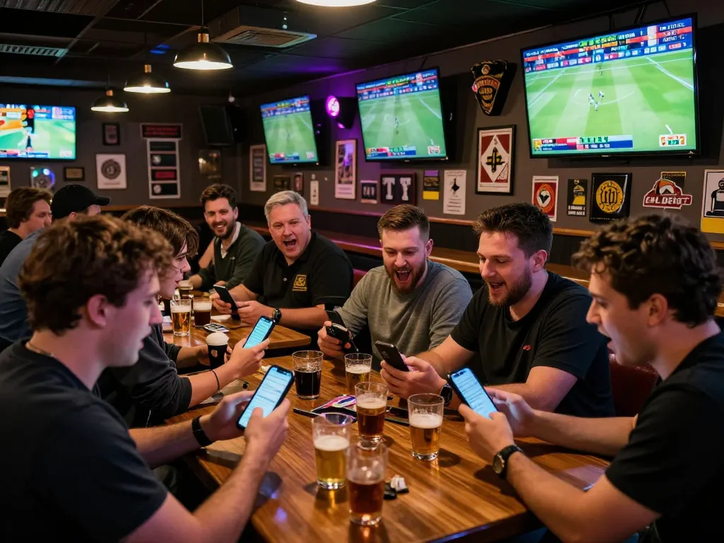 Engaged bettors using mobile devices for kubet77 sports betting in a lively bar environment