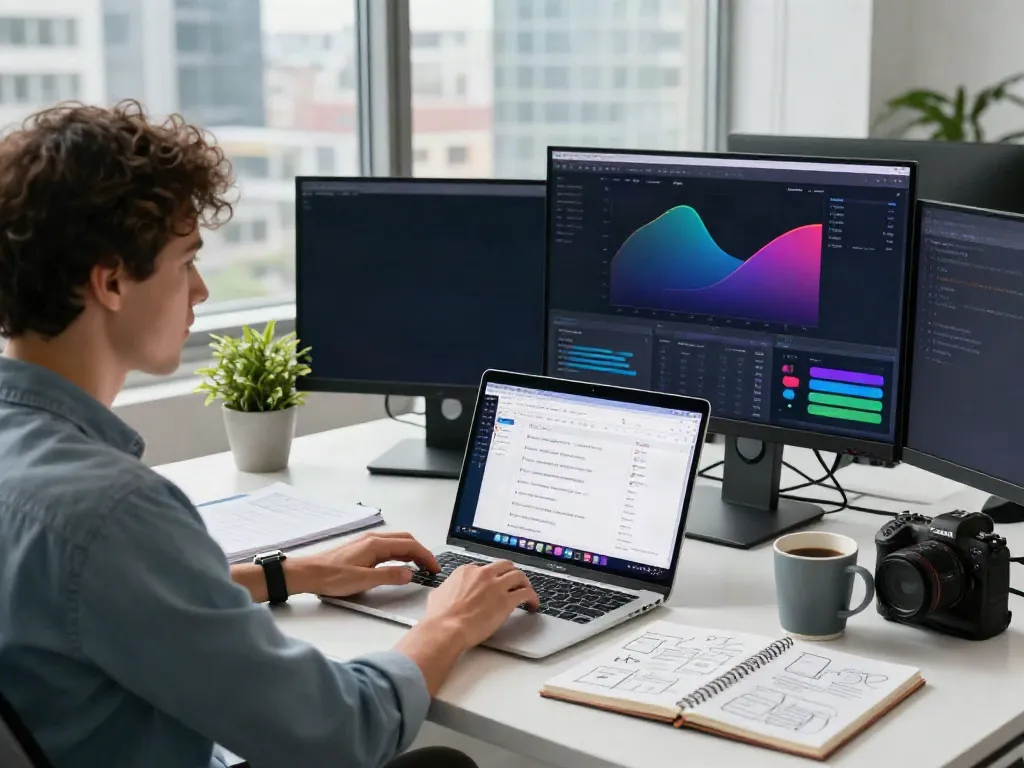 Professional digital marketing workspace illustrating instant indexing strategies with screens and analytics.