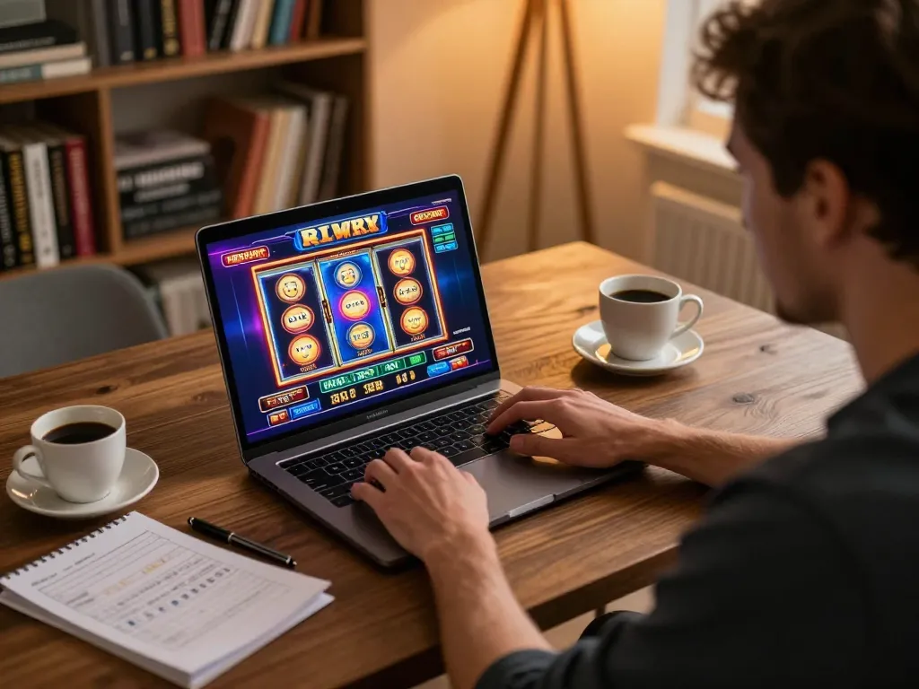 C168 online gambling setup with vibrant slot game displayed on the laptop screen