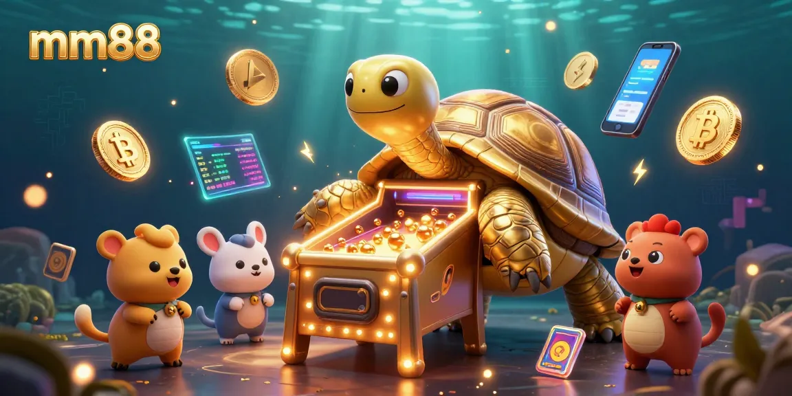 Play exciting casino games at mm88 with a vibrant illustration featuring a golden pinball tortoise.