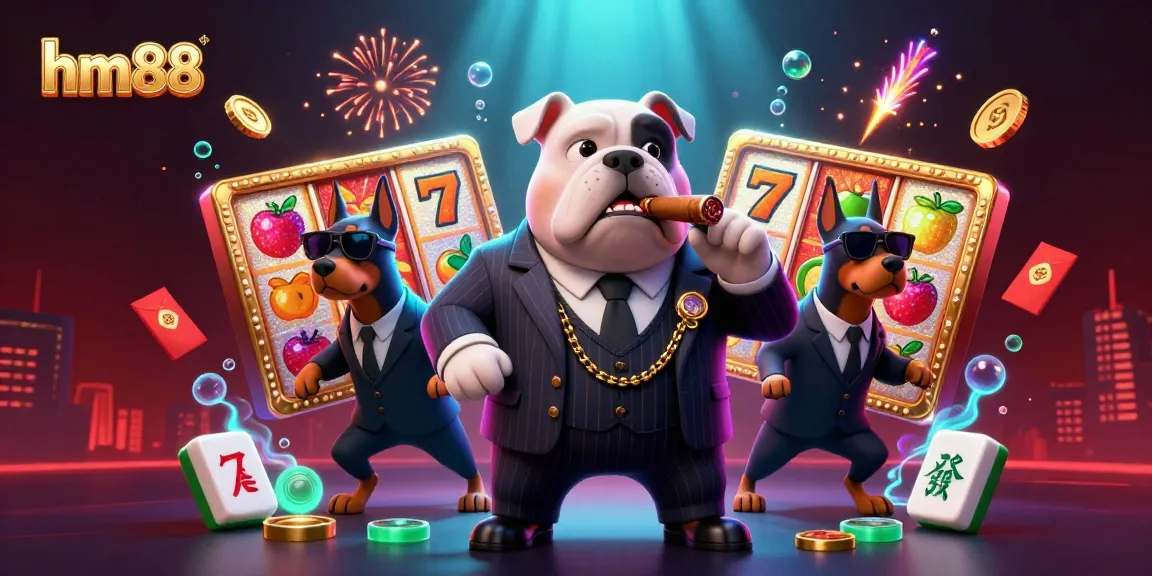 Engage in thrilling casino action with hm88, featuring a cartoon bulldog mafia boss and dynamic game elements.