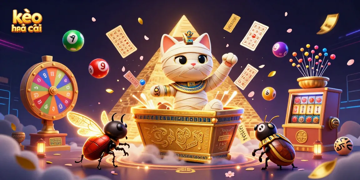 Bet on exciting kèo nhà cái with a dynamic casino scene featuring a 3D mummy cat and vibrant lottery elements.