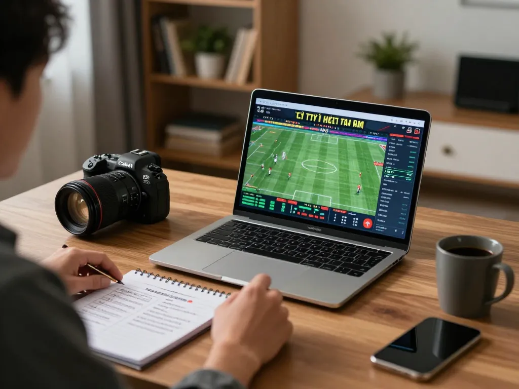 Tỷ lệ kèo nhà cái hôm nay shown on a laptop during focused sports betting session at home.