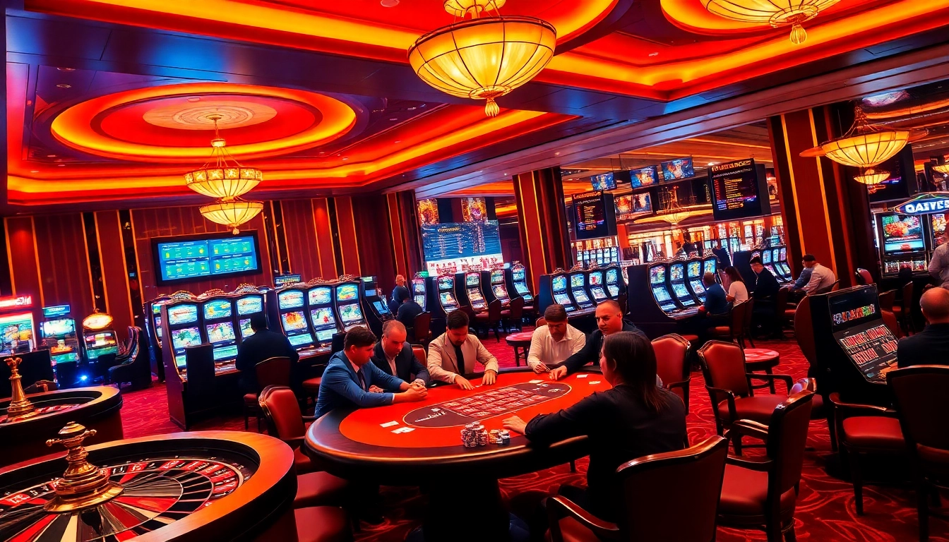 Exciting gaming action at nhà cái da88 showcasing roulette wheels, poker tables, and players engaged in intense battles.