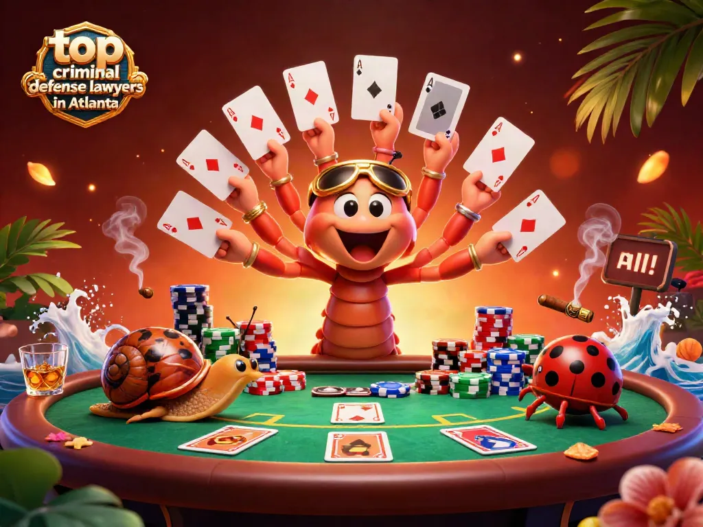 Engaging illustration showcasing top criminal defense lawyers in Atlanta represented by whimsical characters at a vibrant poker table.