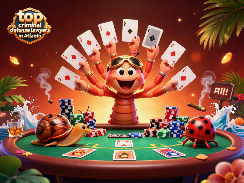 Engaging illustration showcasing top criminal defense lawyers in Atlanta represented by whimsical characters at a vibrant poker table.