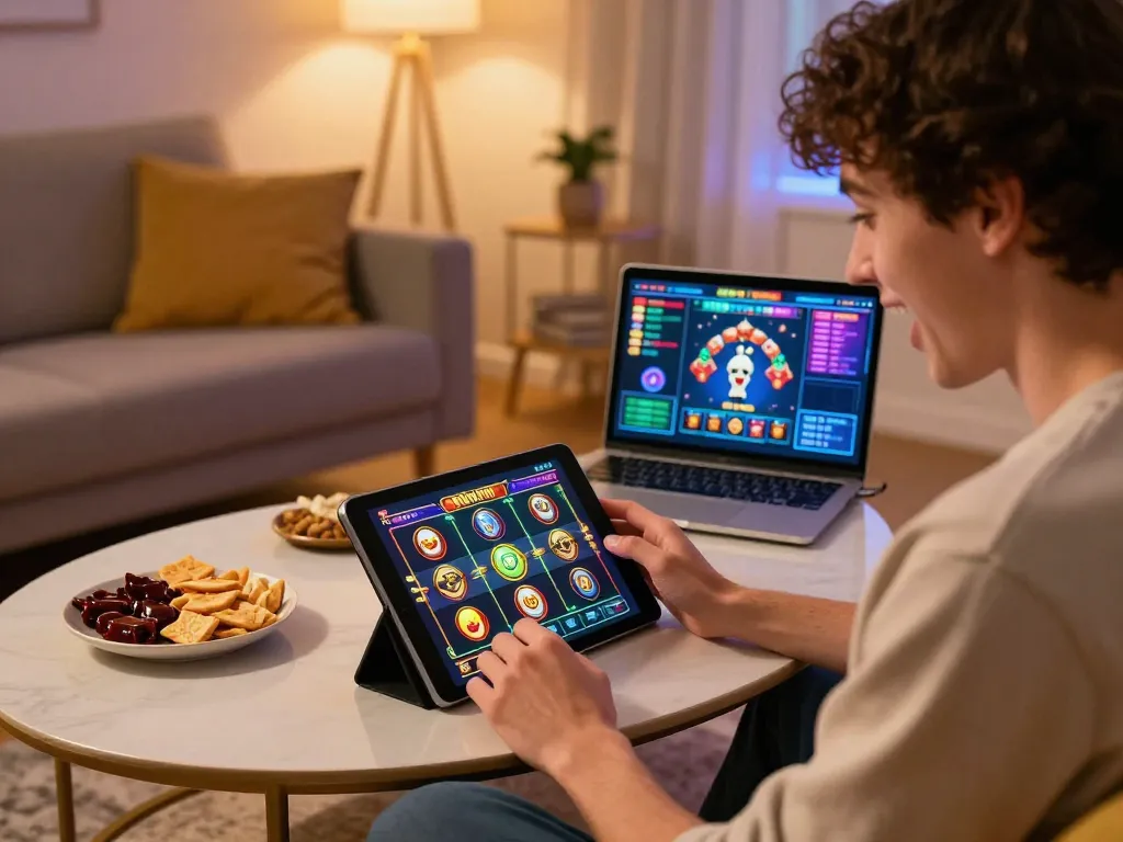 Player enjoying NOHU90 gaming on a tablet in a cozy living room, showcasing online casino excitement