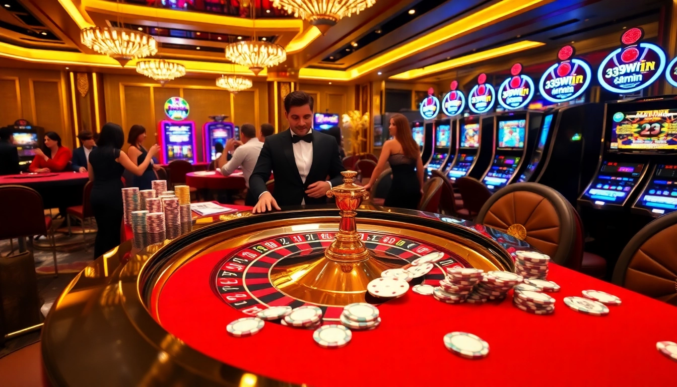 Experience the thrill of winning at 33win's luxurious casino with vibrant roulette and stunning decor.