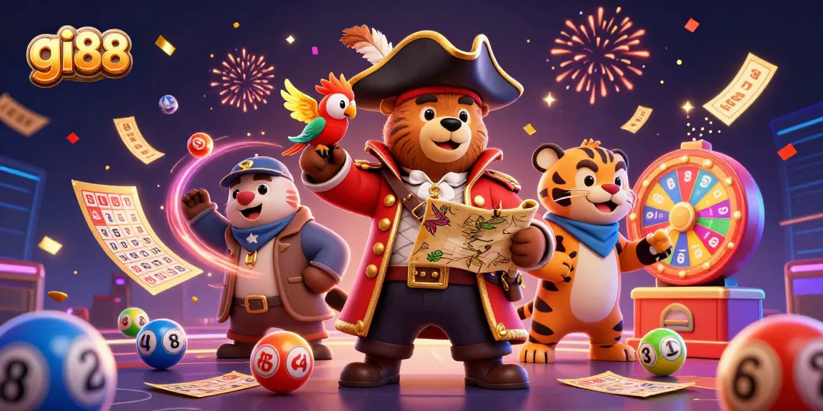 Experience thrilling jackpots with gi88 in this vibrant cartoon illustration of a pirate bear and friends.