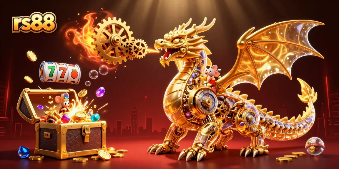 Engaging illustration of rs88 casino scene with golden dragon, slot reels, and treasures.