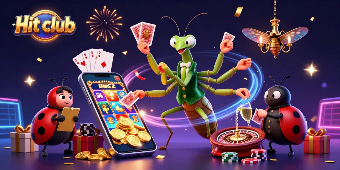 Engage and win at Hit club with colorful slots and dynamic gaming elements in this vibrant illustration.