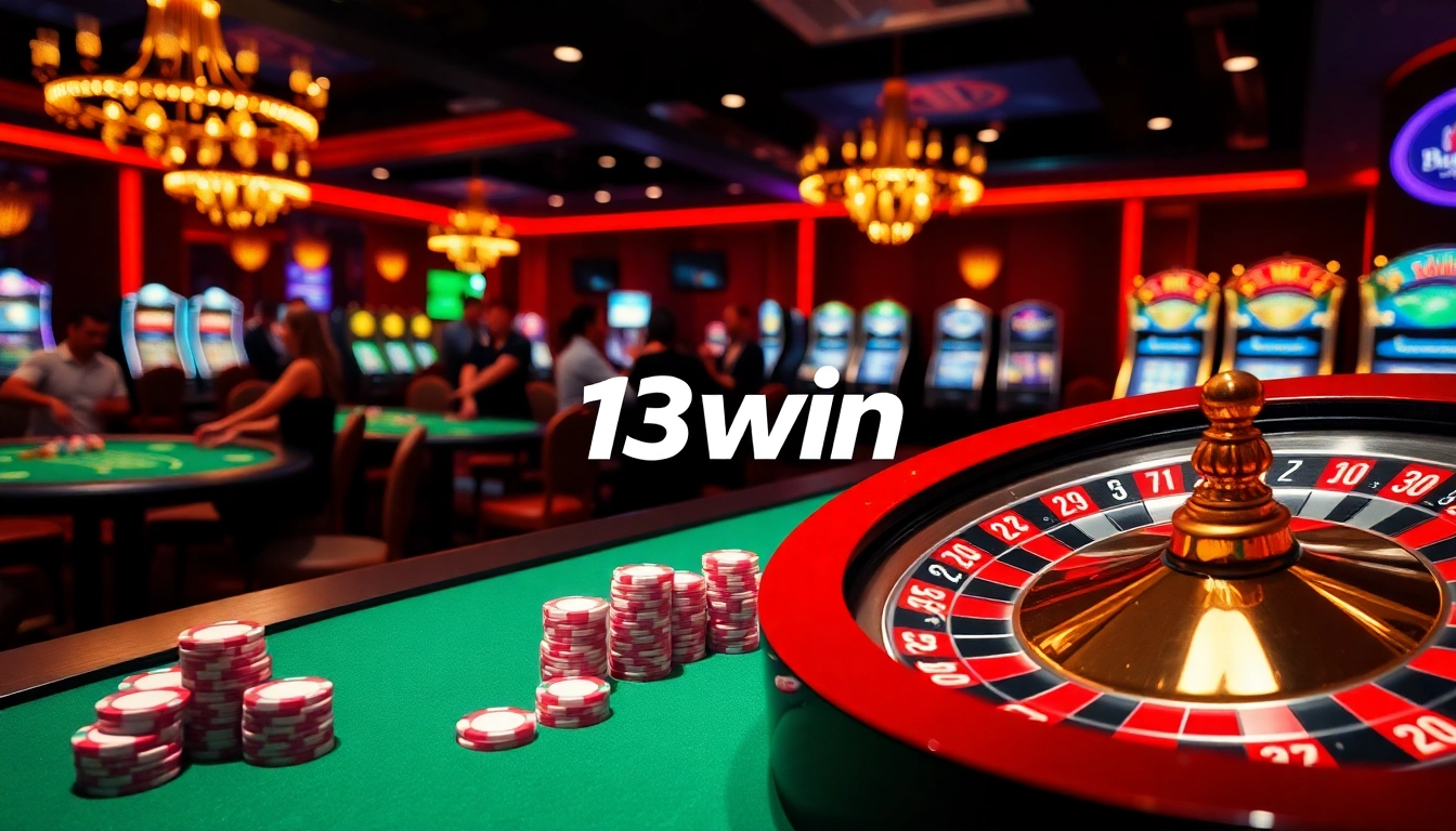 Experience the thrill of gambling at 13win with vibrant gaming tables and roulette wheels.