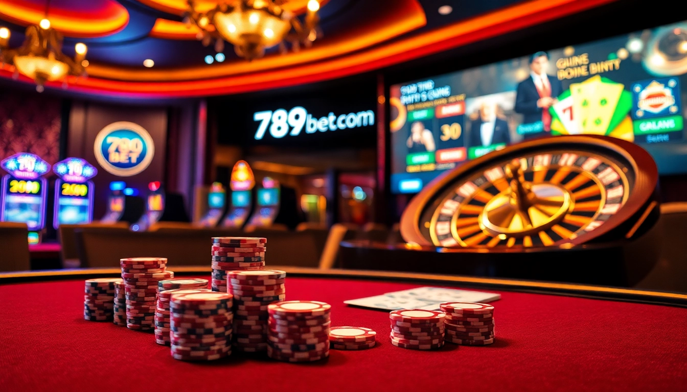 A thrilling scene of casino gaming featuring the logo 789bet.com and a vibrant poker table with chips.