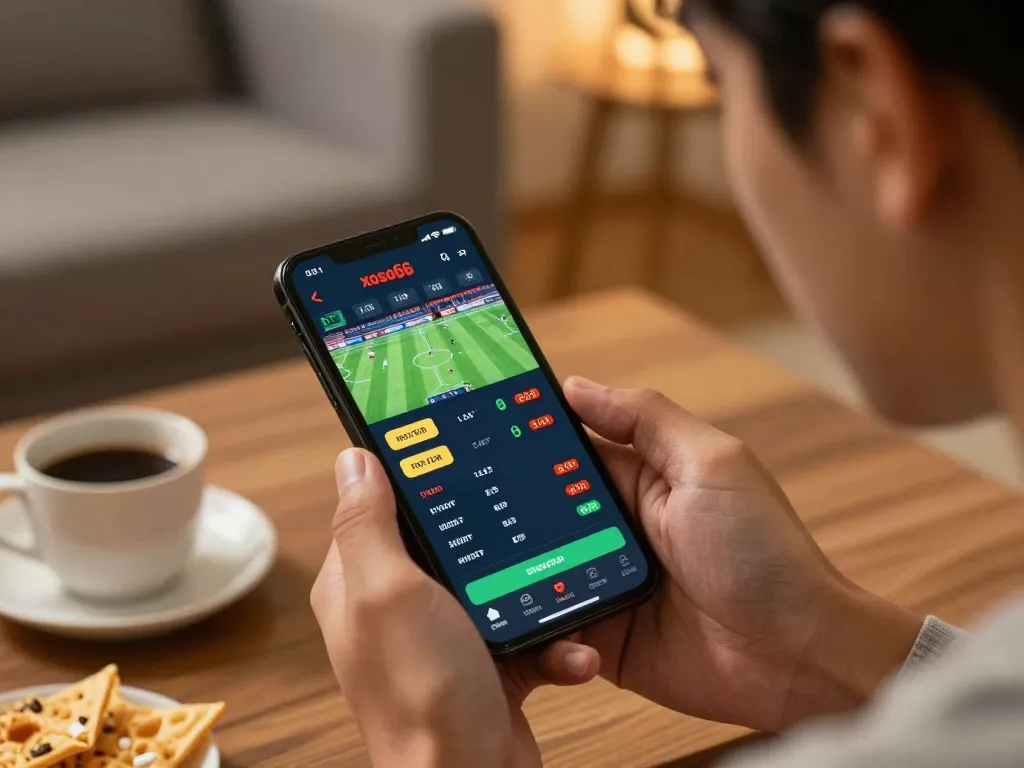 Xoso66 sports betting app on smartphone showing live odds and events in a cozy home setting
