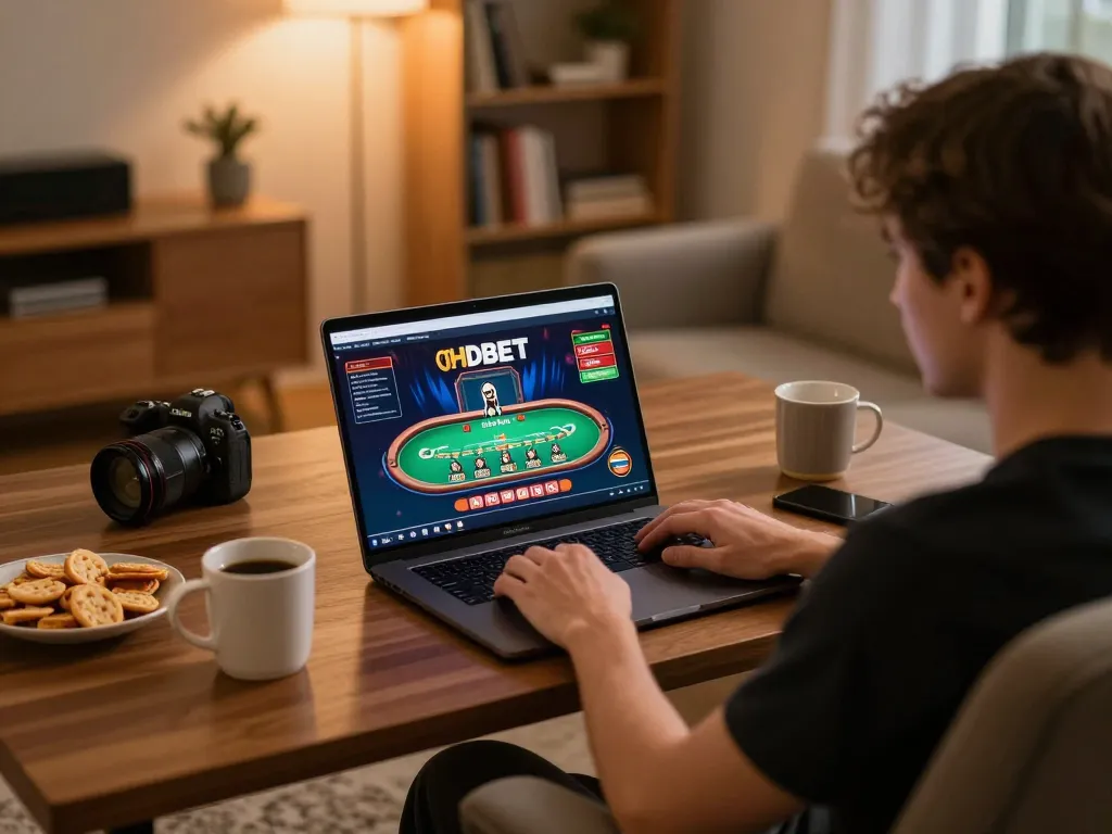 Player engaging in a live casino game at HDBET while enjoying snacks in a cozy home setting