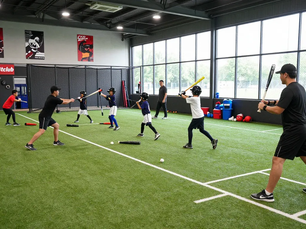 Hitclub training scene with young athletes practicing baseball in a lively facility.