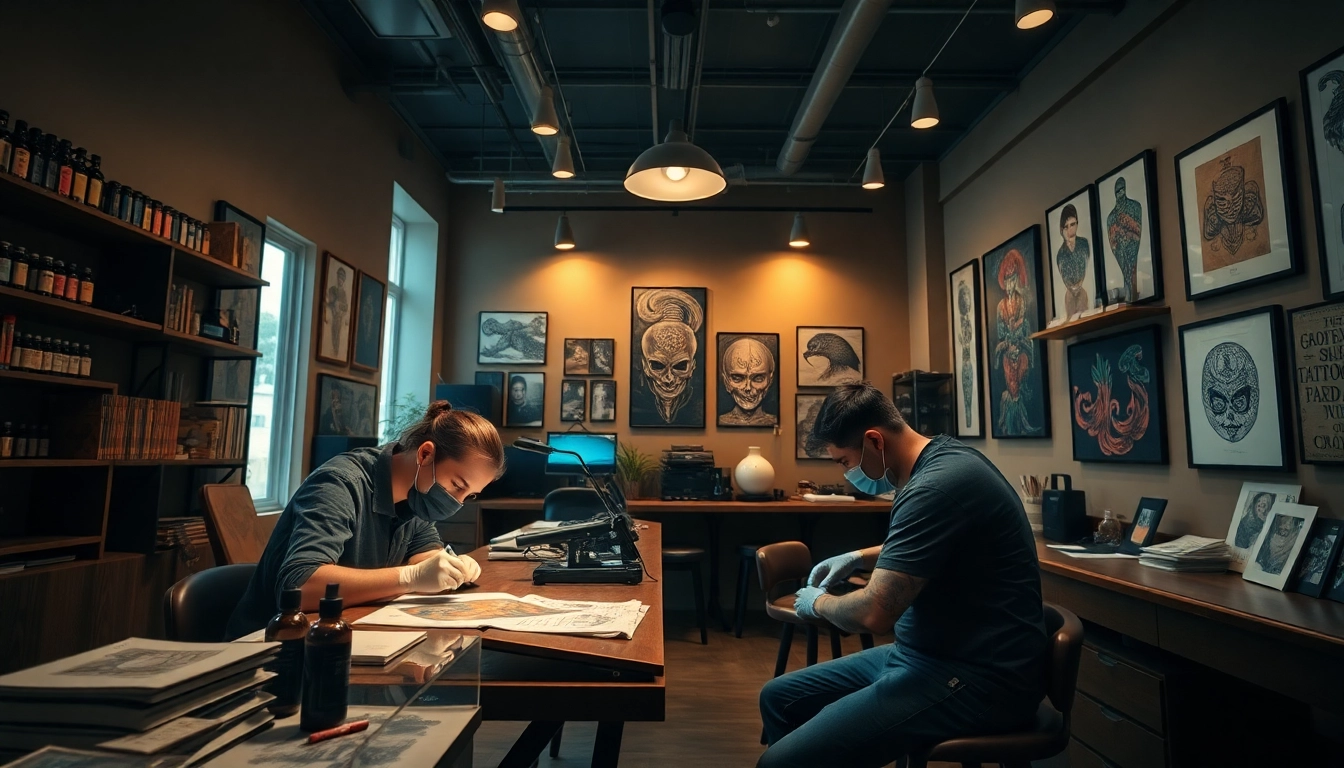 Dynamic tattoo artists at work in a vibrant studio ambiance, showcasing https://89bet.tattoo/ designs.