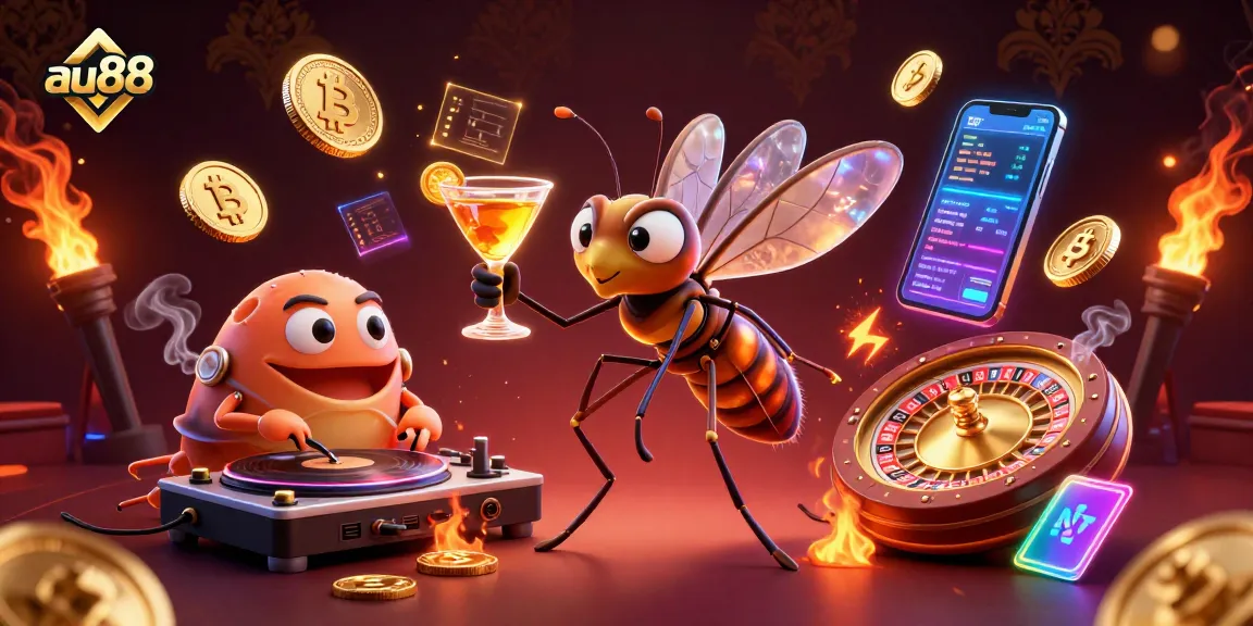 Engage with au88's vibrant gaming atmosphere featuring unique casino mascots and crypto elements.