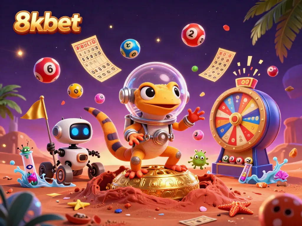 8xbet captivates with a vibrant scene of a Martian gecko exploring a golden casino.