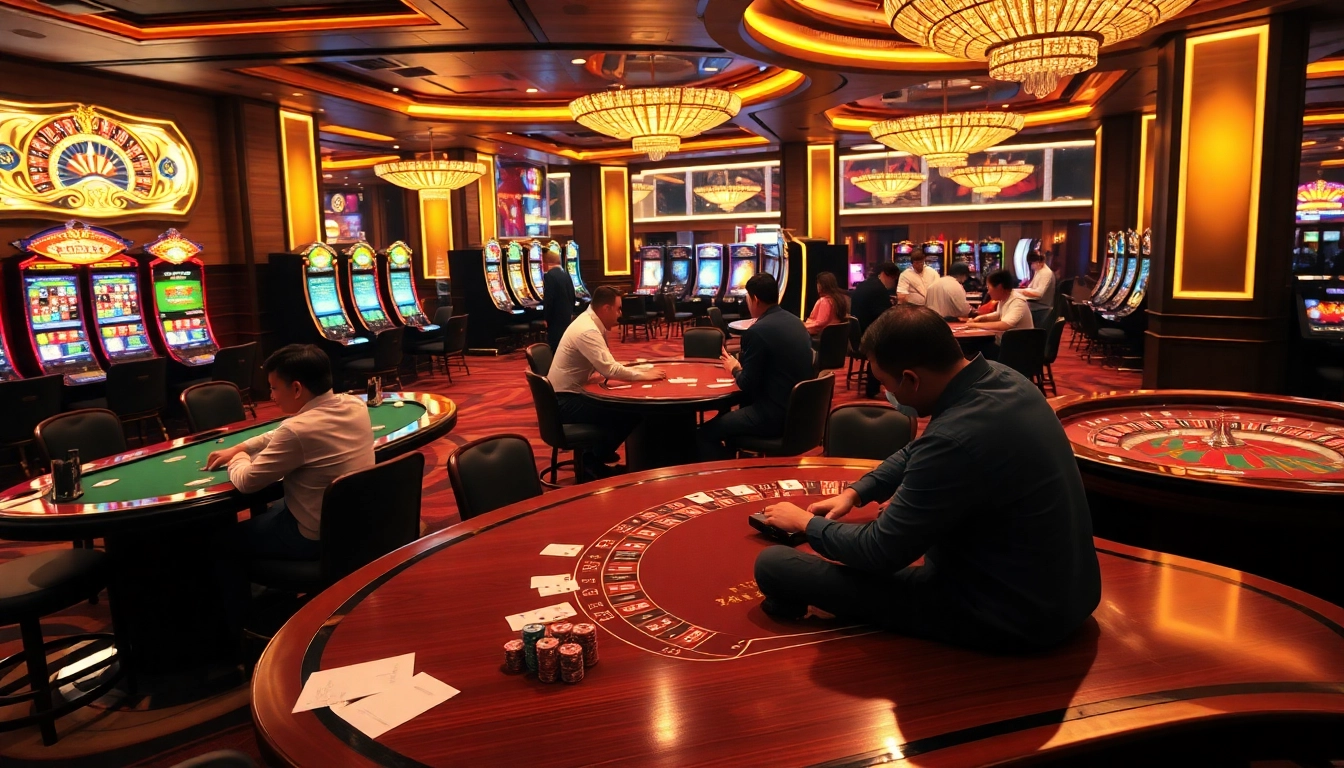 Bangsawan88 casino scene with players in action at poker tables and vibrant slot machines.