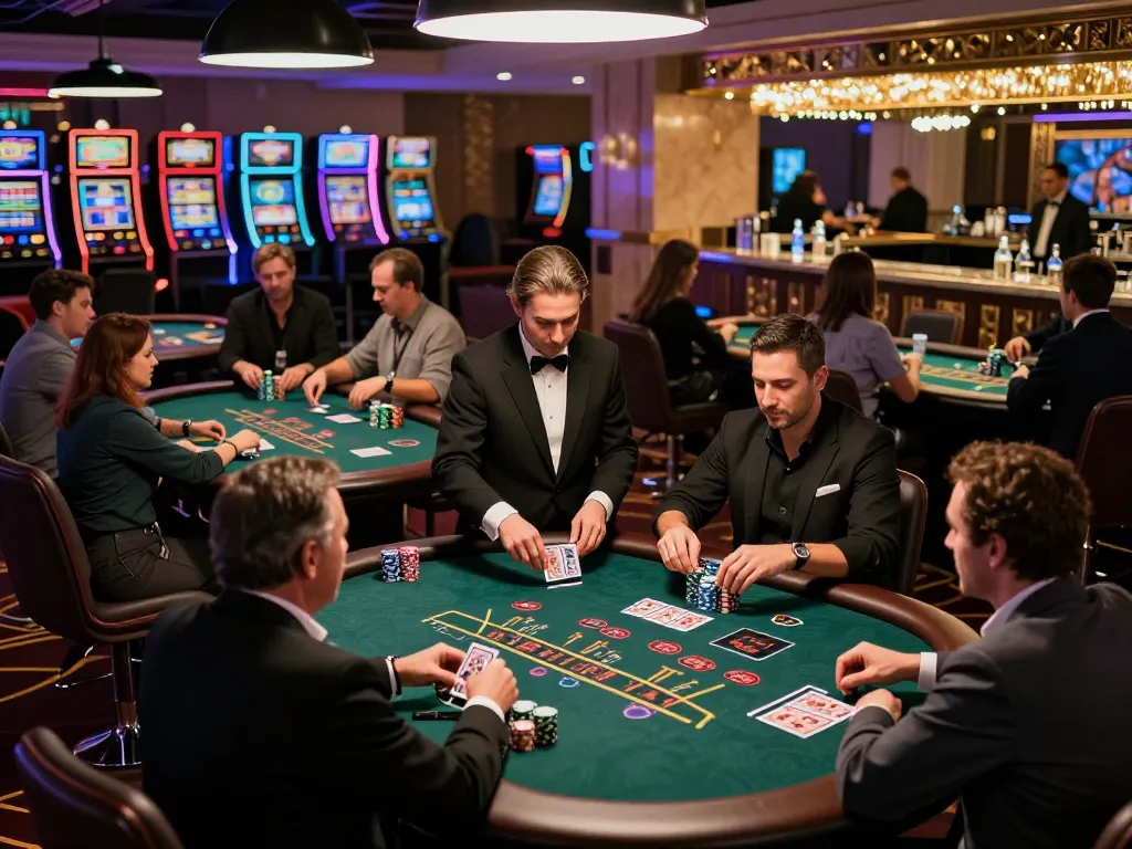 Players engaged at the Trang chủ SC88 blackjack tables celebrating wins amidst bright casino lights.