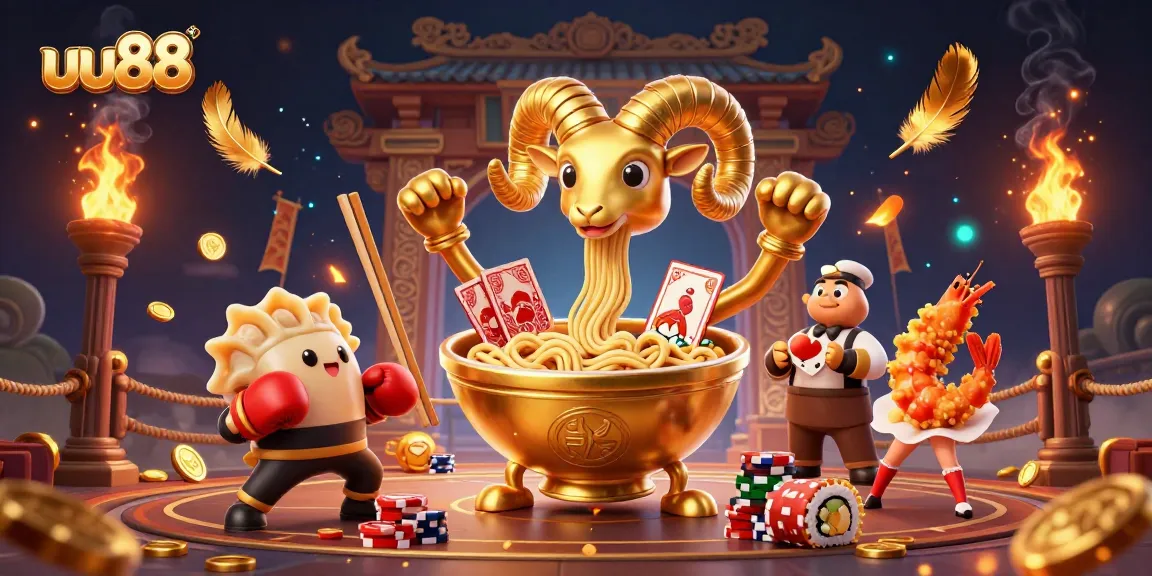 uu88 interactive casino scene featuring a giant ramen bowl dealing cards and engaging characters.