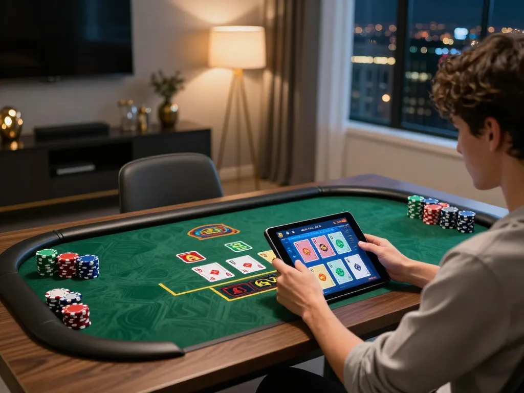 Engaging in online gambling at home with hay88x tablet displaying live game.