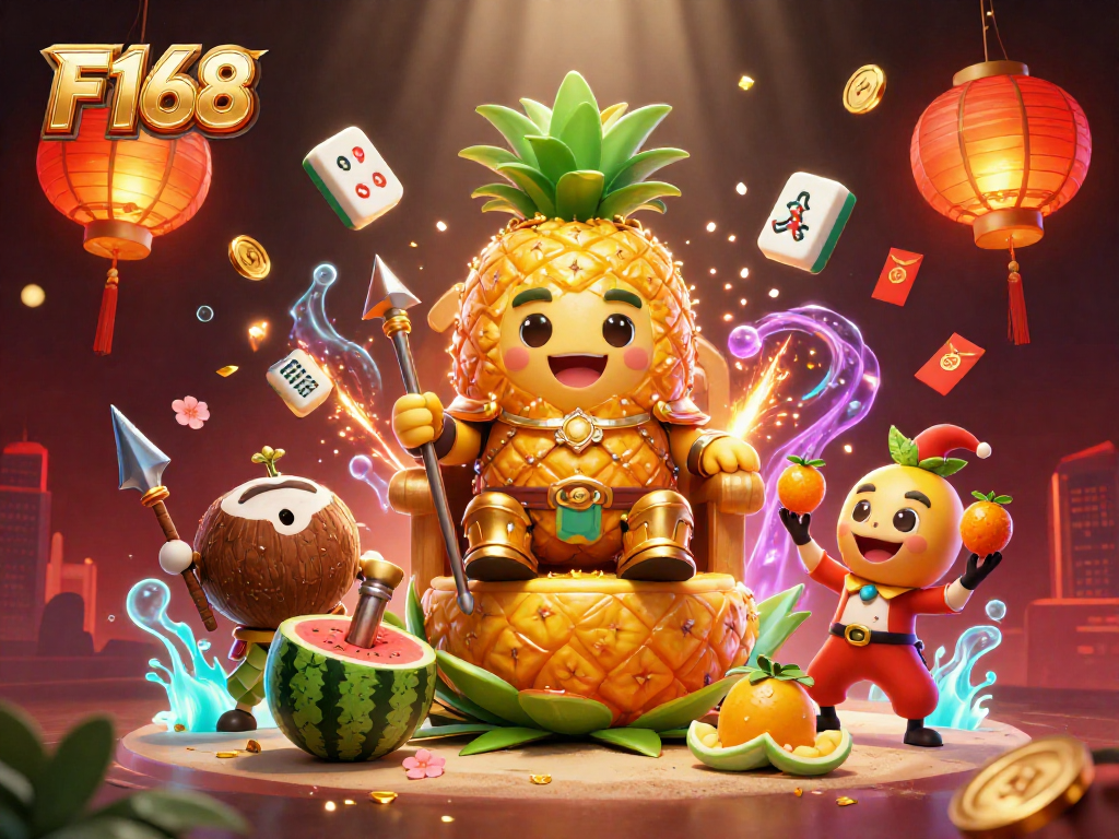 A vibrant F168 casino scene featuring a golden pineapple king, entertaining beachgoers as golden treasures swirl around.