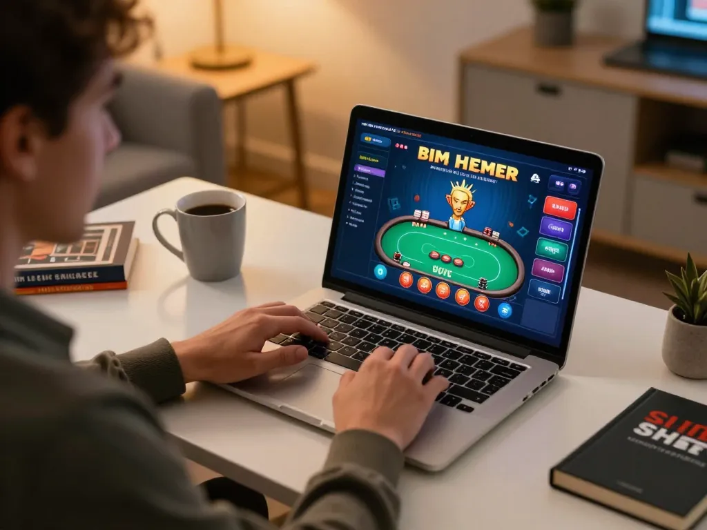 Player engaging with the SHBET online poker game on a sleek laptop in a cozy home environment.